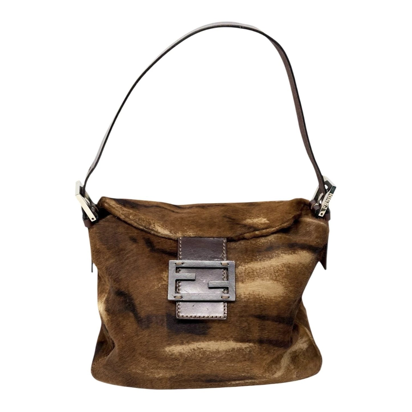 FENDI Vintage FF Logo Mamma Baguette Pony Calf Hair Shoulder Bag Brown Beige