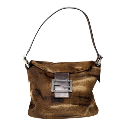 FENDI Vintage FF Logo Mamma Baguette Pony Calf Hair Shoulder Bag Brown Beige