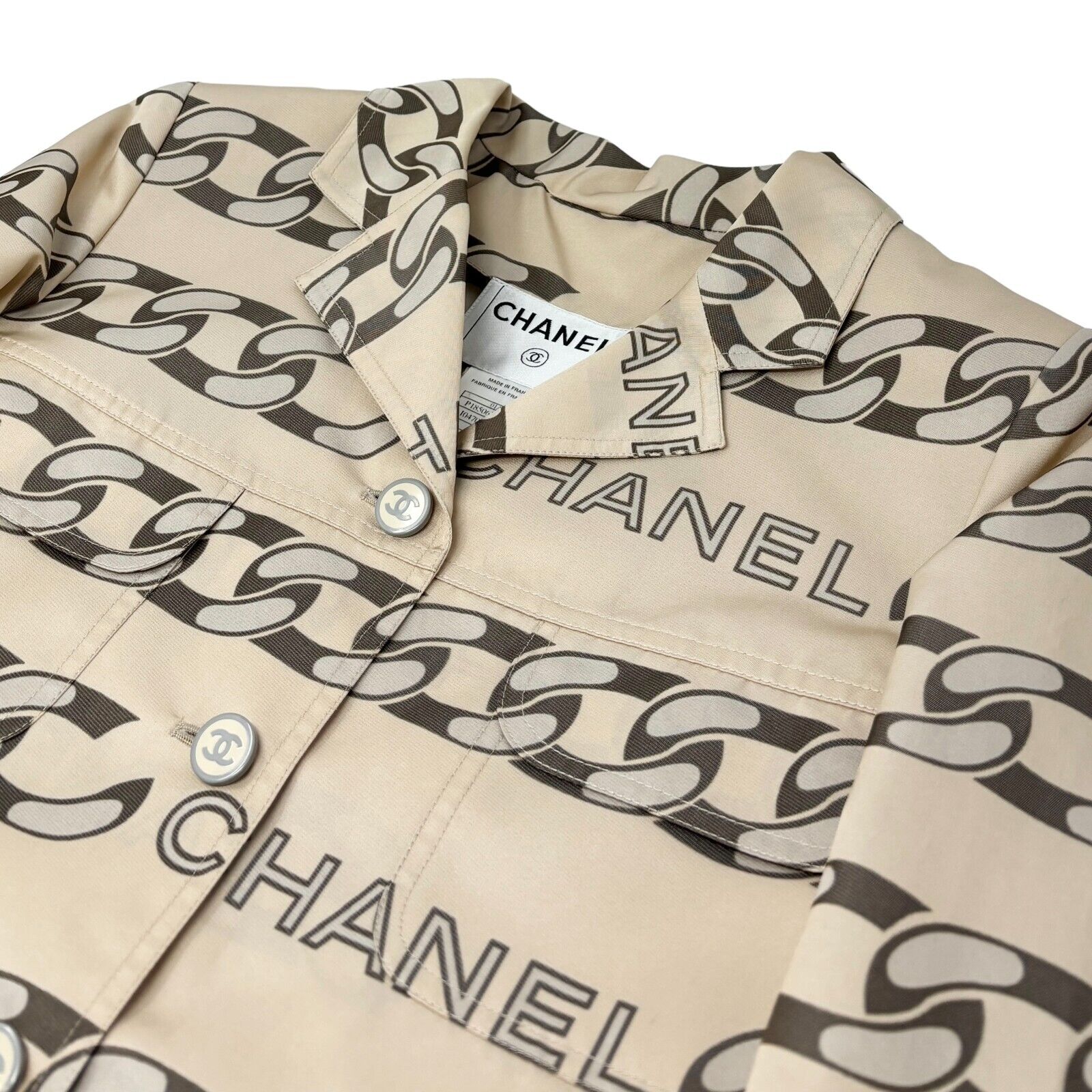 CHANEL Vintage 01A CC Chain Logo Middle Coat #36 Cream Gray Polyester Rank AB