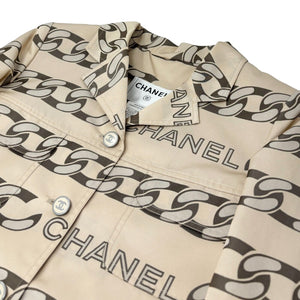 CHANEL Vintage 01A CC Chain Logo Middle Coat #36 Cream Gray Polyester Rank AB