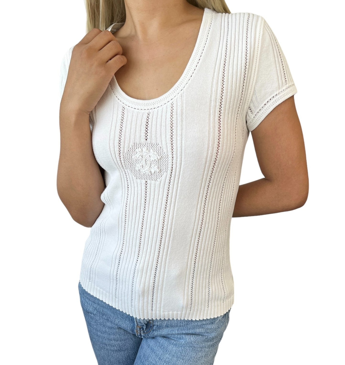 CHANEL Vintage 03P CC Logo Stripe Knit Rib T-shirt Top #42 White Cotton 902038