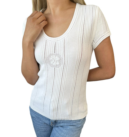 CHANEL Vintage 03P CC Logo Stripe Knit Rib T-shirt Top #42 White Cotton 902038