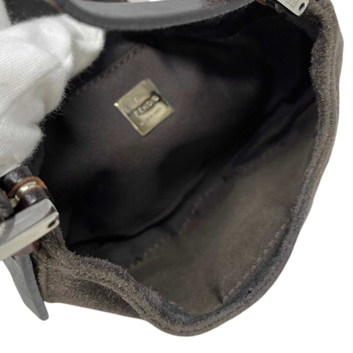 FENDI Vintage FF Logo Micro Croissant Suede Mini Bag Pochette Gray Brown Silver
