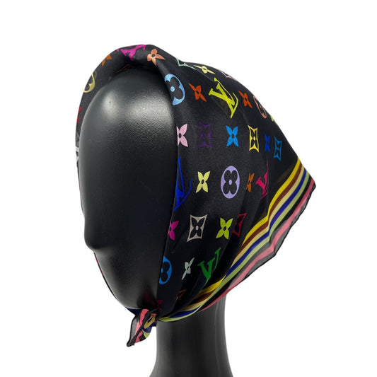 LOUIS VUITTON Vintage LV Logo Monogram Multicolor Scarf Wrap Black Silk 902226