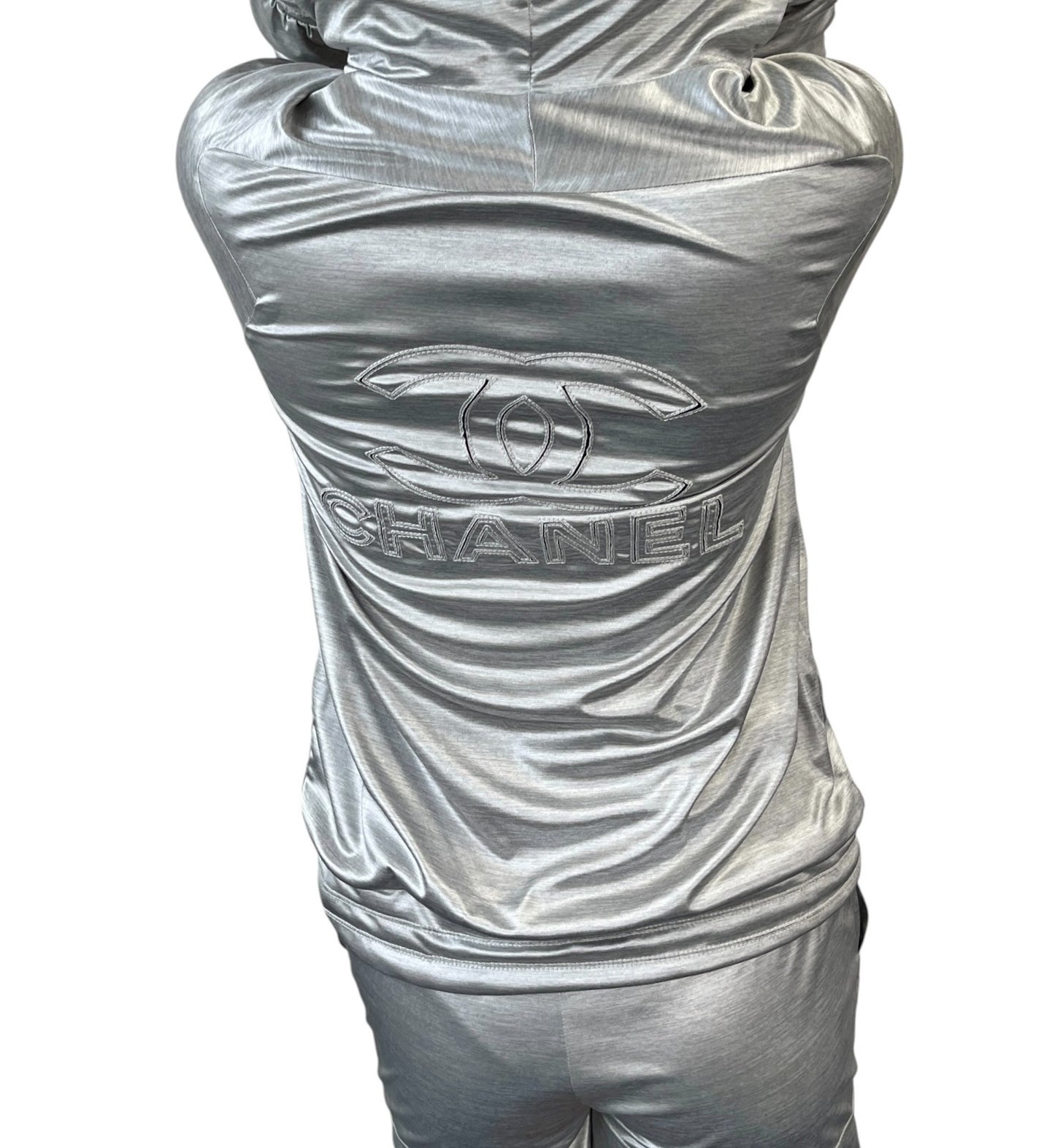 CHANEL Vintage P43484 CC Hoodie Zip Up Jacket Short Pants Set #34 Silver 901933
