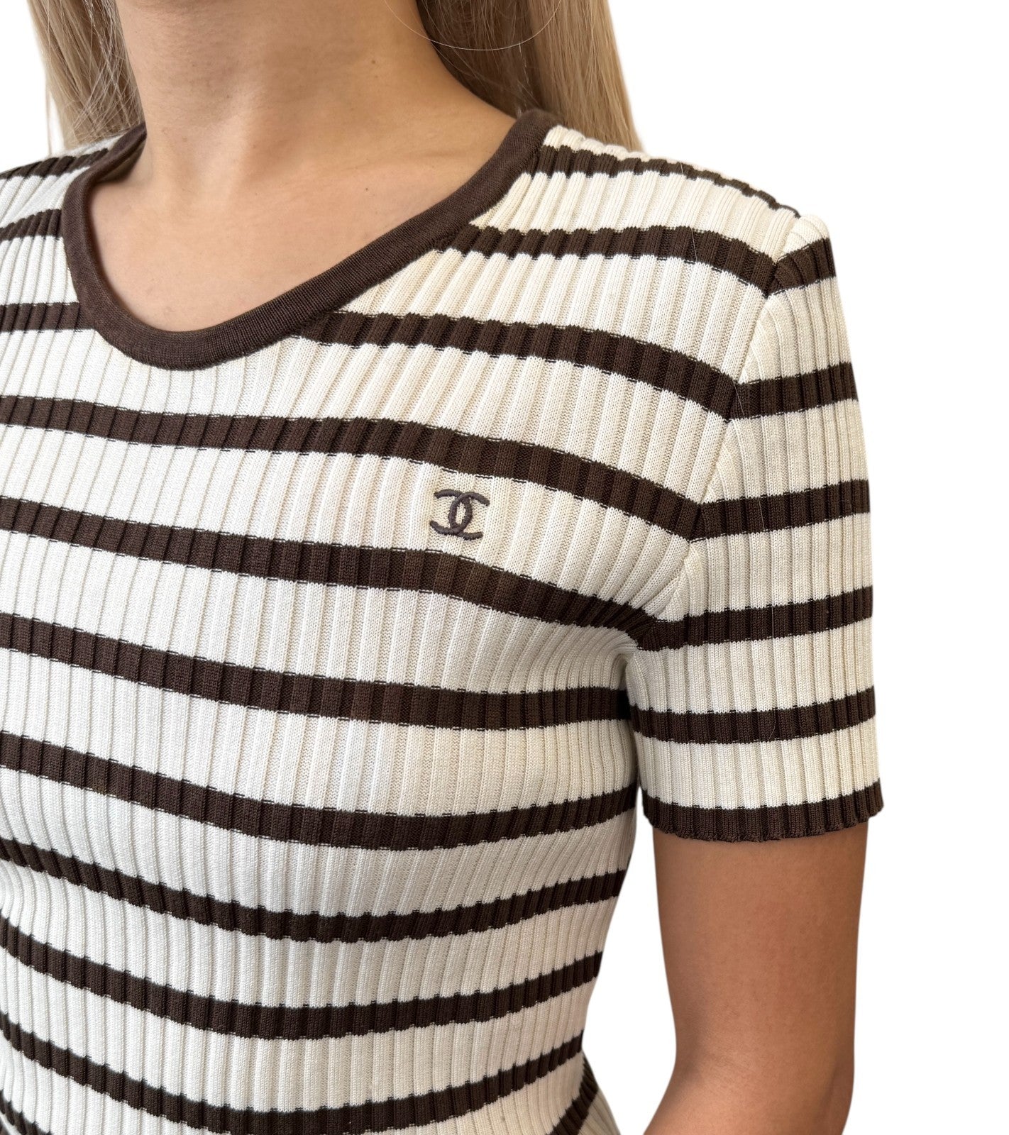 CHANEL Vintage 98P CC Mark Logo Striped Ribbed Knit Top #40 Brown White Cotton