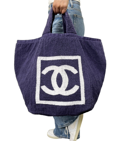 CHANEL Sport Vintage CC Big Logo Beach Terry Cloth Tote Bag Dark Blue 902369