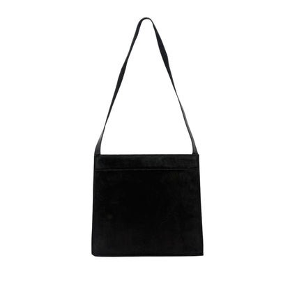 GUCCI Vintage G Square Logo Shoulder Bag Handbag Black Gold Suede Leather