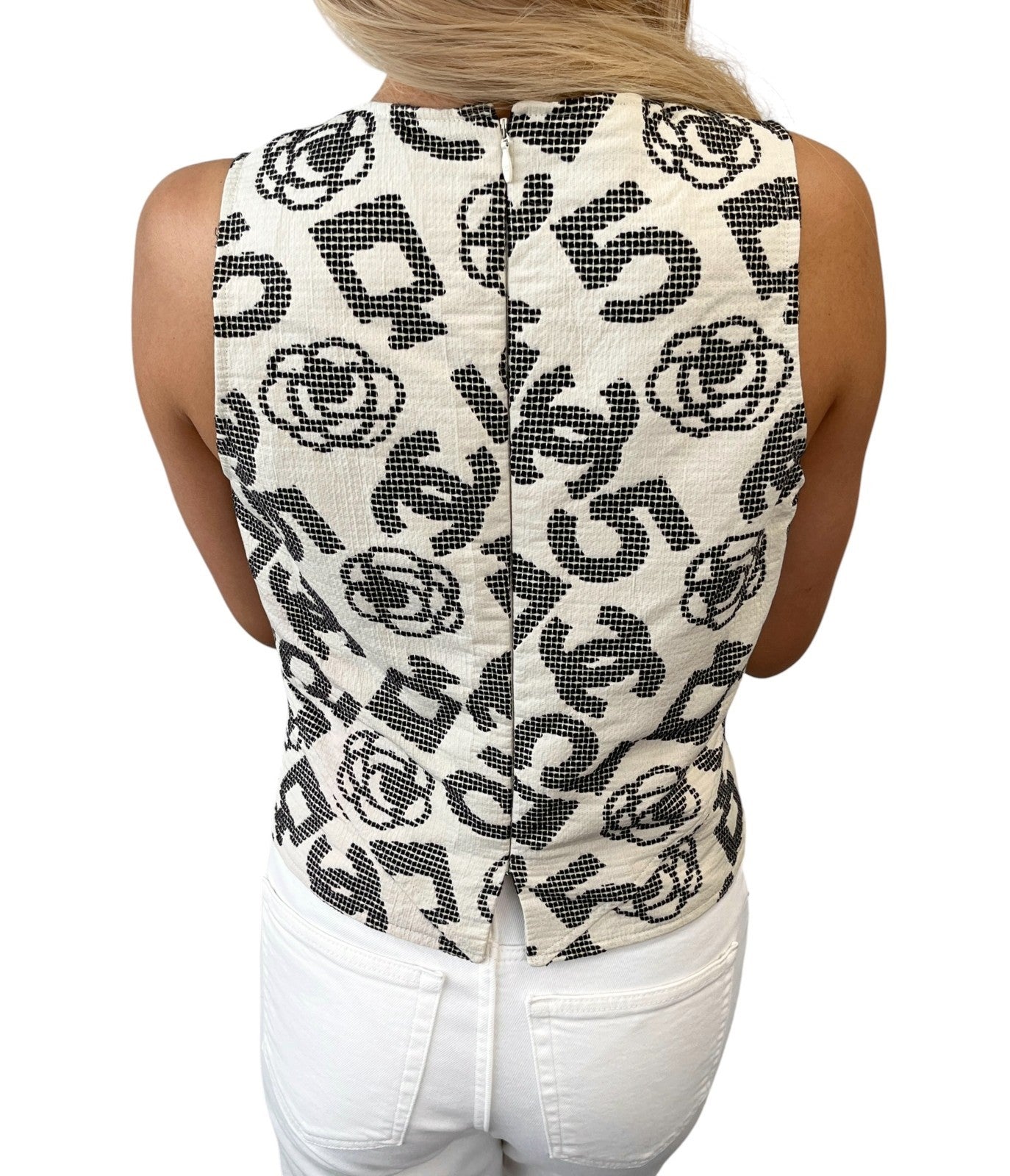 CHANEL Vintage 06P CC Camellia No.5 Print Tank Top #36 White Black Zip 902288