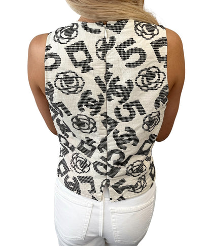 CHANEL Vintage 06P CC Camellia No.5 Print Tank Top #36 White Black Zip 902288