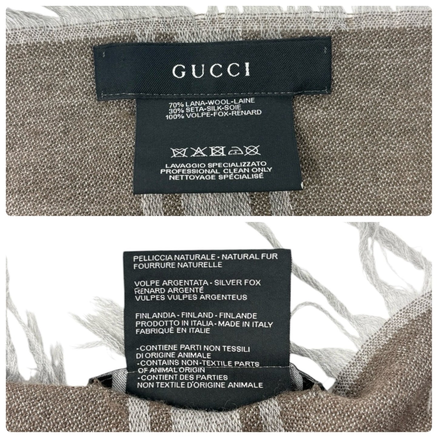 GUCCI Vintage GG Logo Monogram Fox Fur Shawl Scarf Wrap Gray Brown Wool 902585