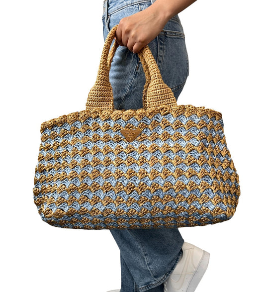 PRADA Vintage Triangle Logo Raffia Canapa Tote Bag Beige Blue Crochet 902055