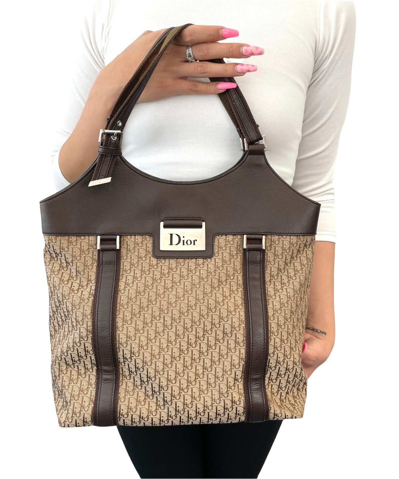 Christian Dior Vintage Trotter Monogram Street Chic Canvas Tote Bag Beige Brown