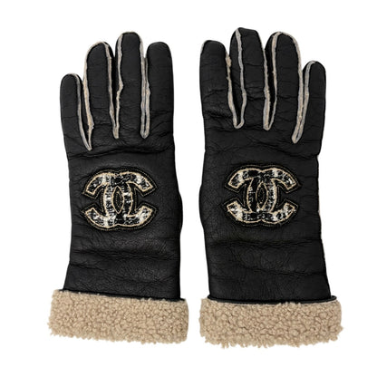 CHANEL Vintage Big CC Logo Shearling Trim Leather Gloves #7 Brown 901931