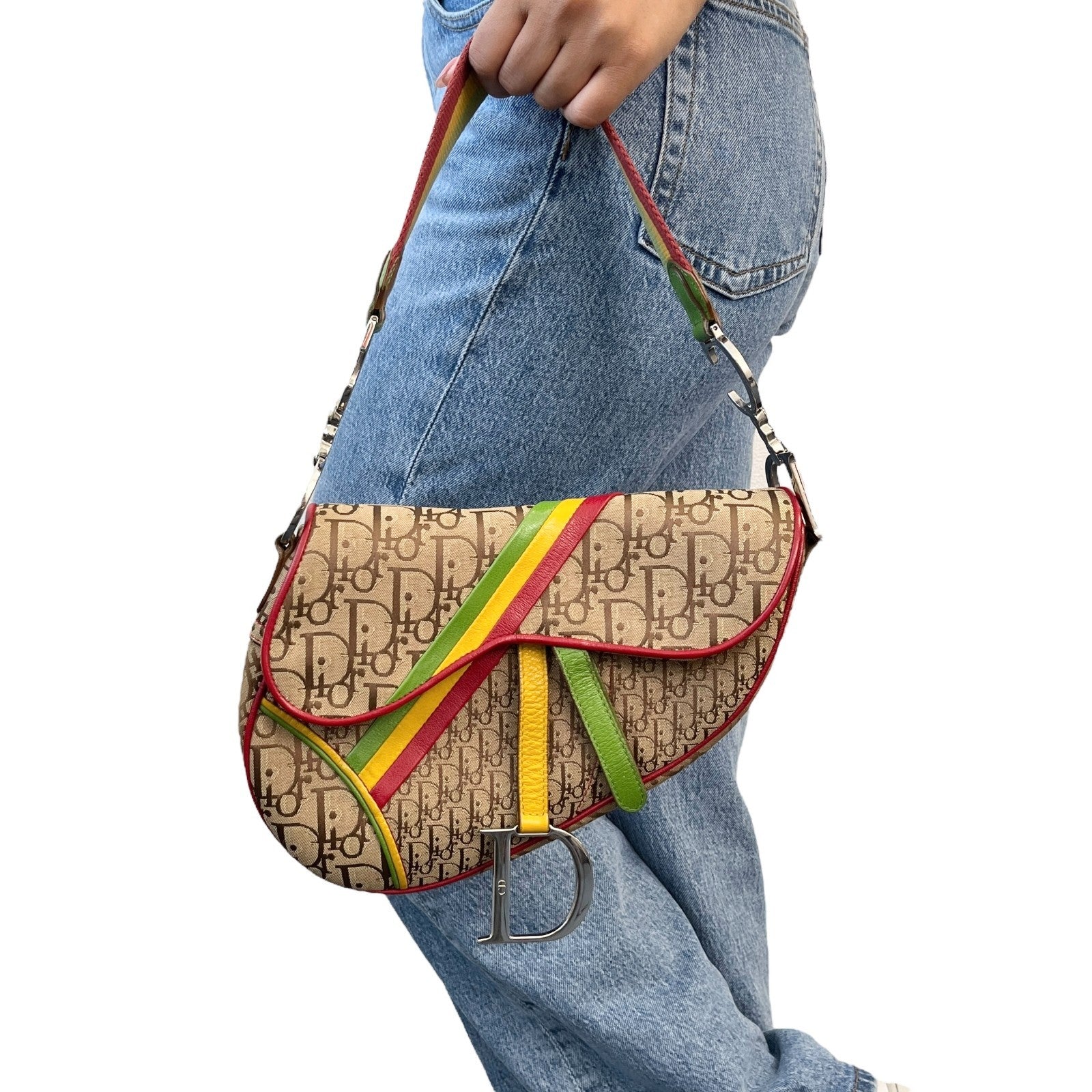 Christian Dior Vintage 2004 Trotter Monogram Logo Saddle Bag Rasta Brown PVC