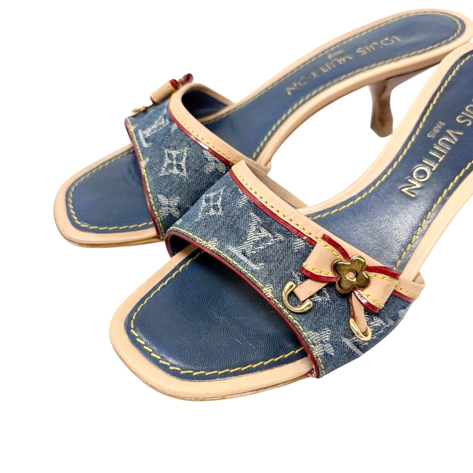 LOUIS VUITTON Vintage LV Monogram Denim Sandals #36 Blue Beige Leather