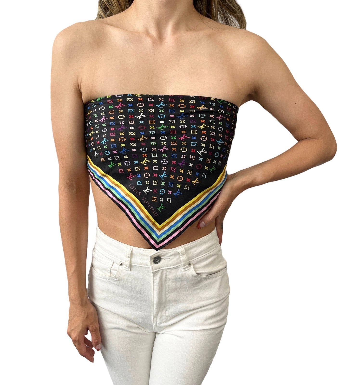 LOUIS VUITTON Vintage Monogram LV Logo Scarf Wrap Black Silk Multicolor