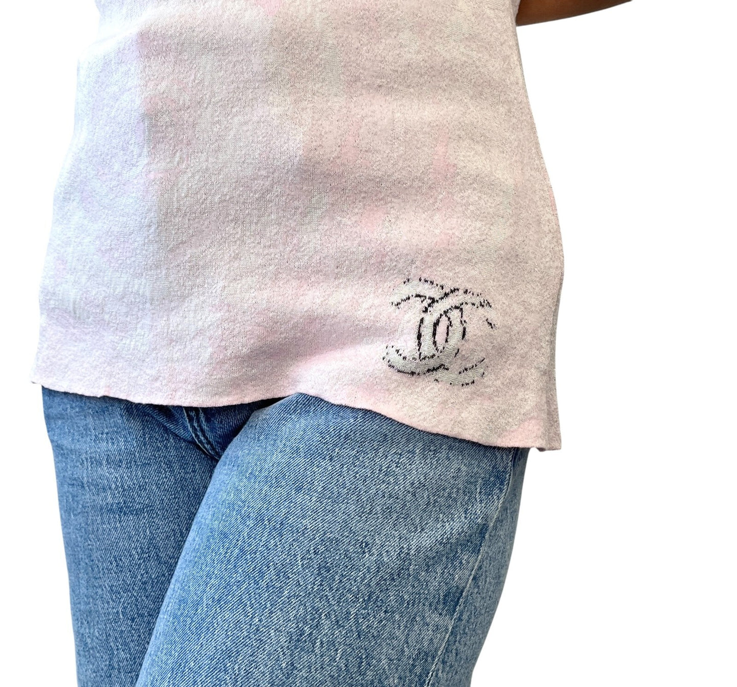 CHANEL Vintage 09C CC Logo T-shirt Knit Top #38 Pink Cotton Rose Short Sleeve