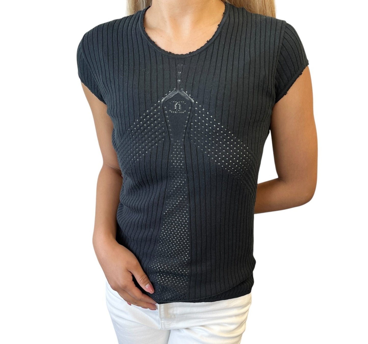 CHANEL Vintage 04P CC Logo Punching Knit Top T-shirt #38 Black Short Sleeve