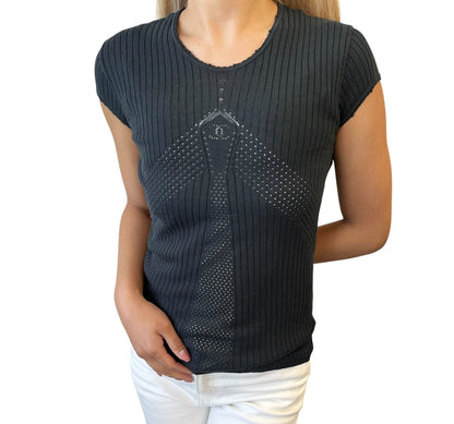 CHANEL Vintage 04P CC Logo Punching Knit Top T-shirt #38 Black Short Sleeve
