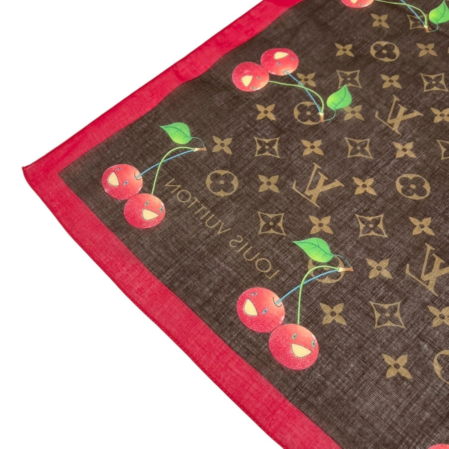 LOUIS VUITTON Vintage LV Monogram Cherry Scarf Wrap Takashi Murakami Brown Red
