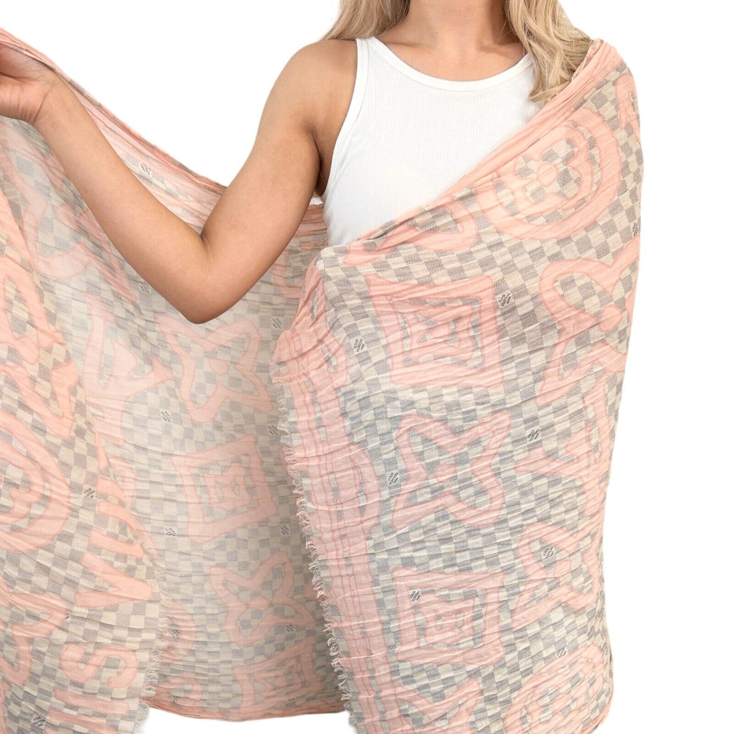 LOUIS VUITTON Vintage Damier Azur Tahitienne Scarves Wrap Pink Gray Cotton
