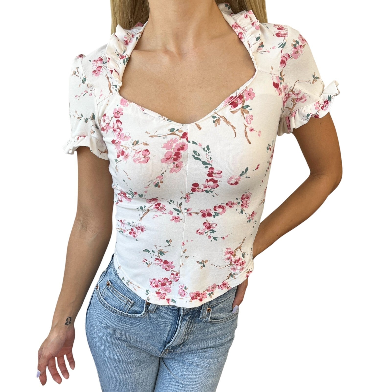 Vivienne Westwood Vintage Logo T-shirt Top #S White Pink Cotton Flower Frill