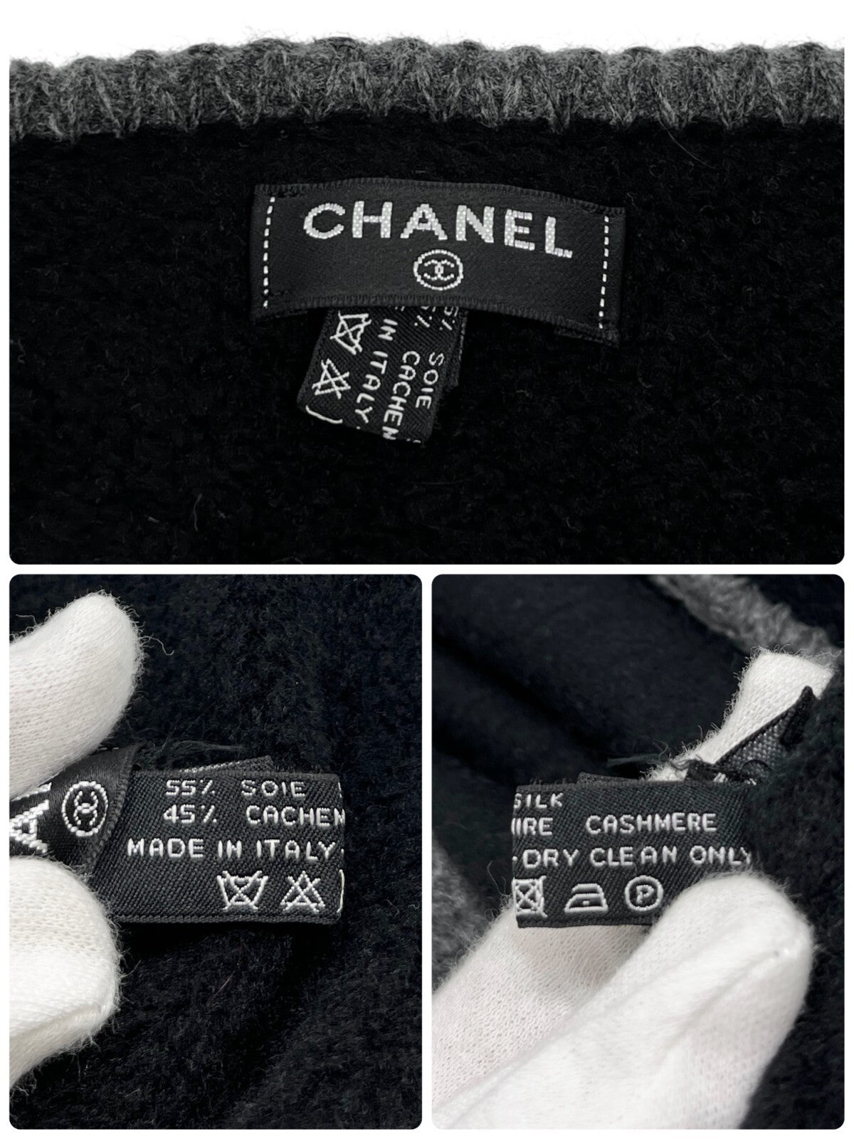 CHANEL Vintage Logo Muffler Scarf Wrap Accessory Black Gray Silk Cashmere