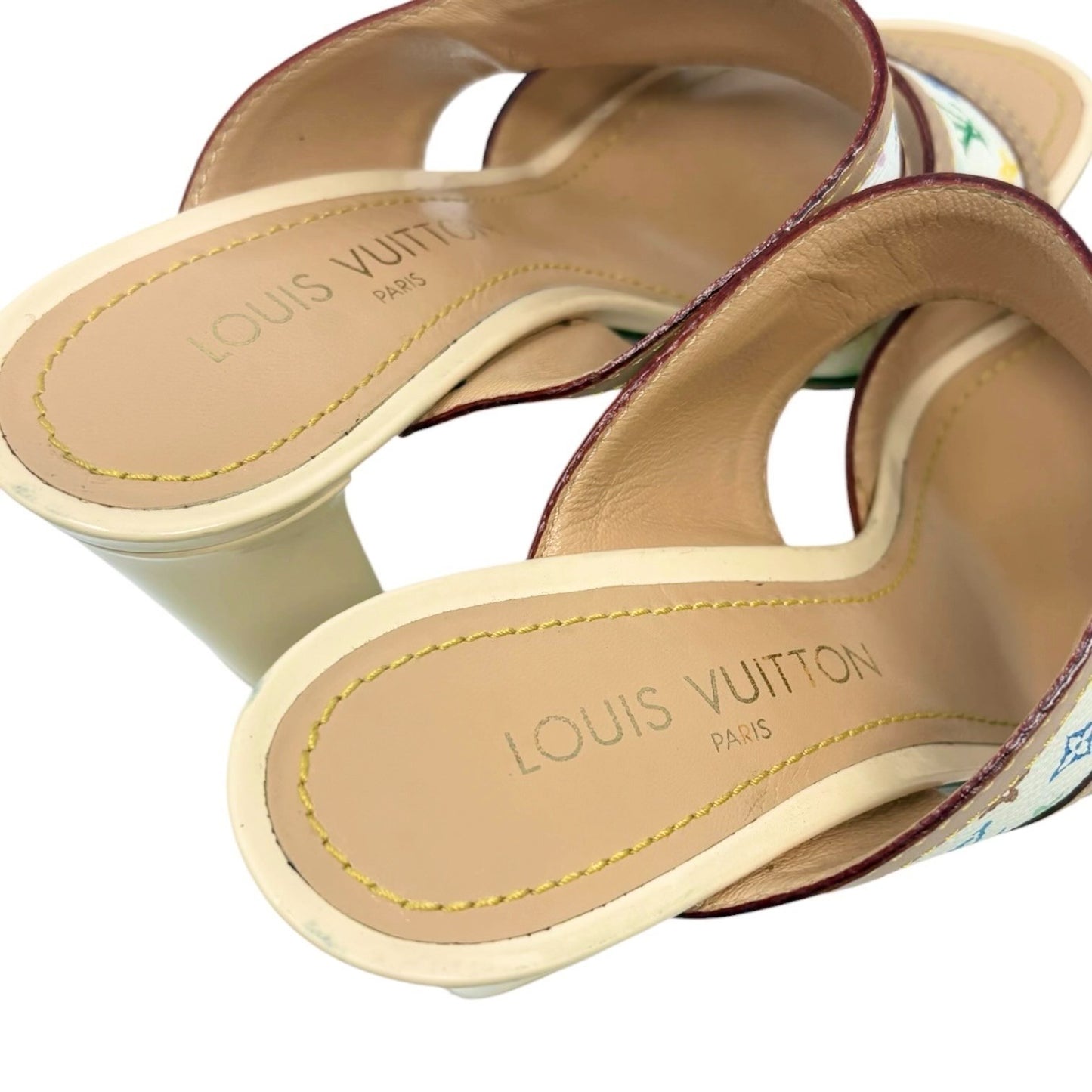LOUIS VUITTON Vintage Monogram Multicolor Flower Sandals Heels #37 White 902261