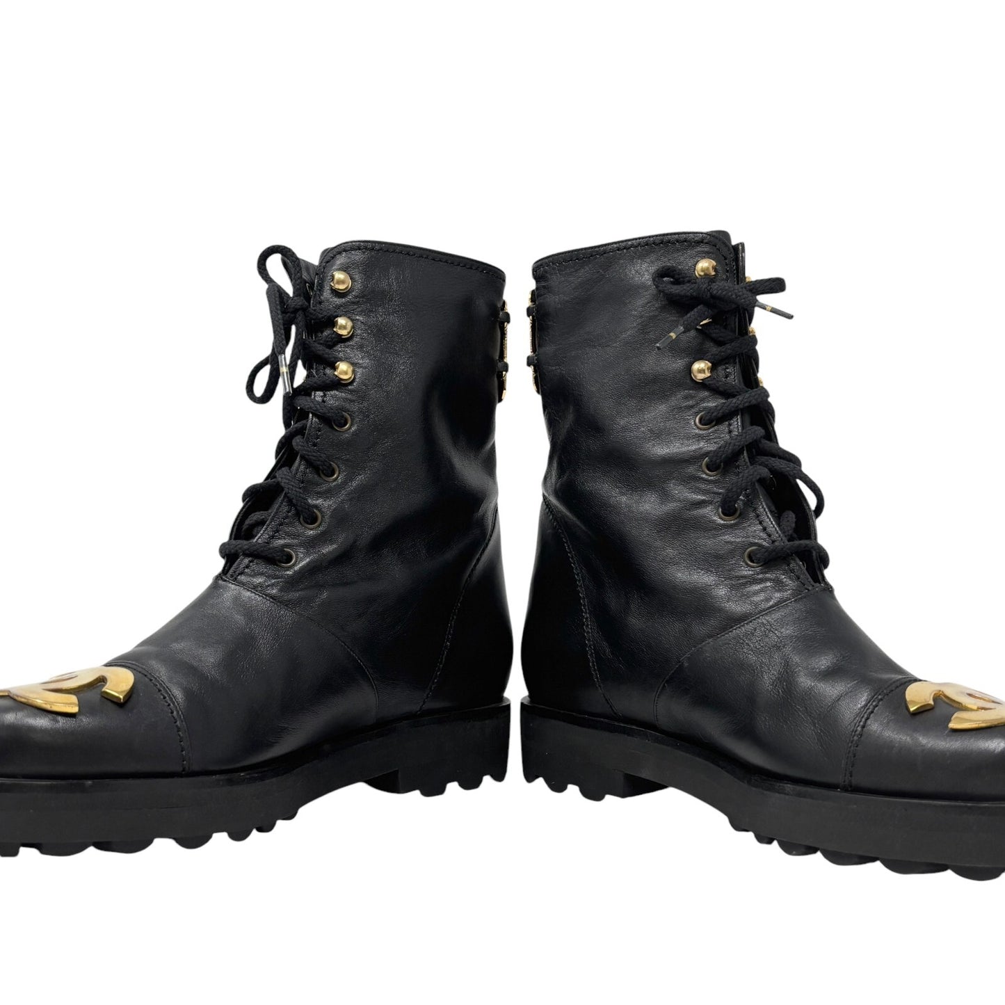 CHANEL Vintage CC Logo Lace-up Ankle Boots #36.5 Short Boots Black Gold Leather