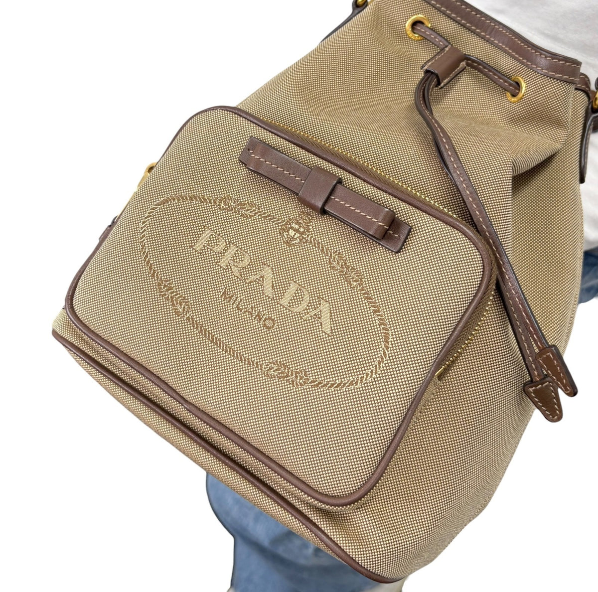 PRADA Vintage Jacquard Shoulder Top Handle Bag Beige Brown Canvas 902339