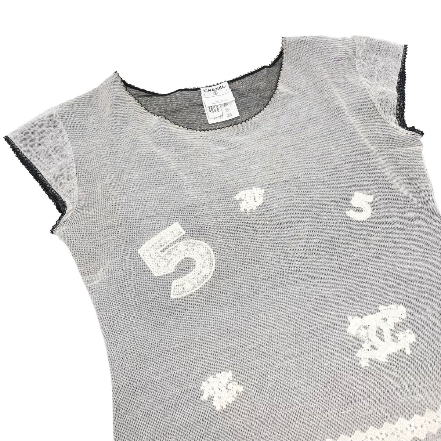 CHANEL Vintage 04P CC Logo No.5 Mesh Overlay Top #42 Gray Lace 901865