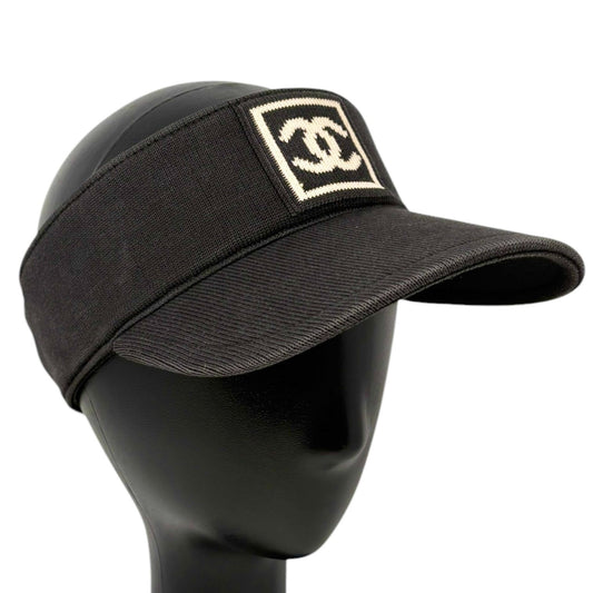 CHANEL Sport Vintage CC Logo Sun Visor Hat #M Black Beige Cotton 902496