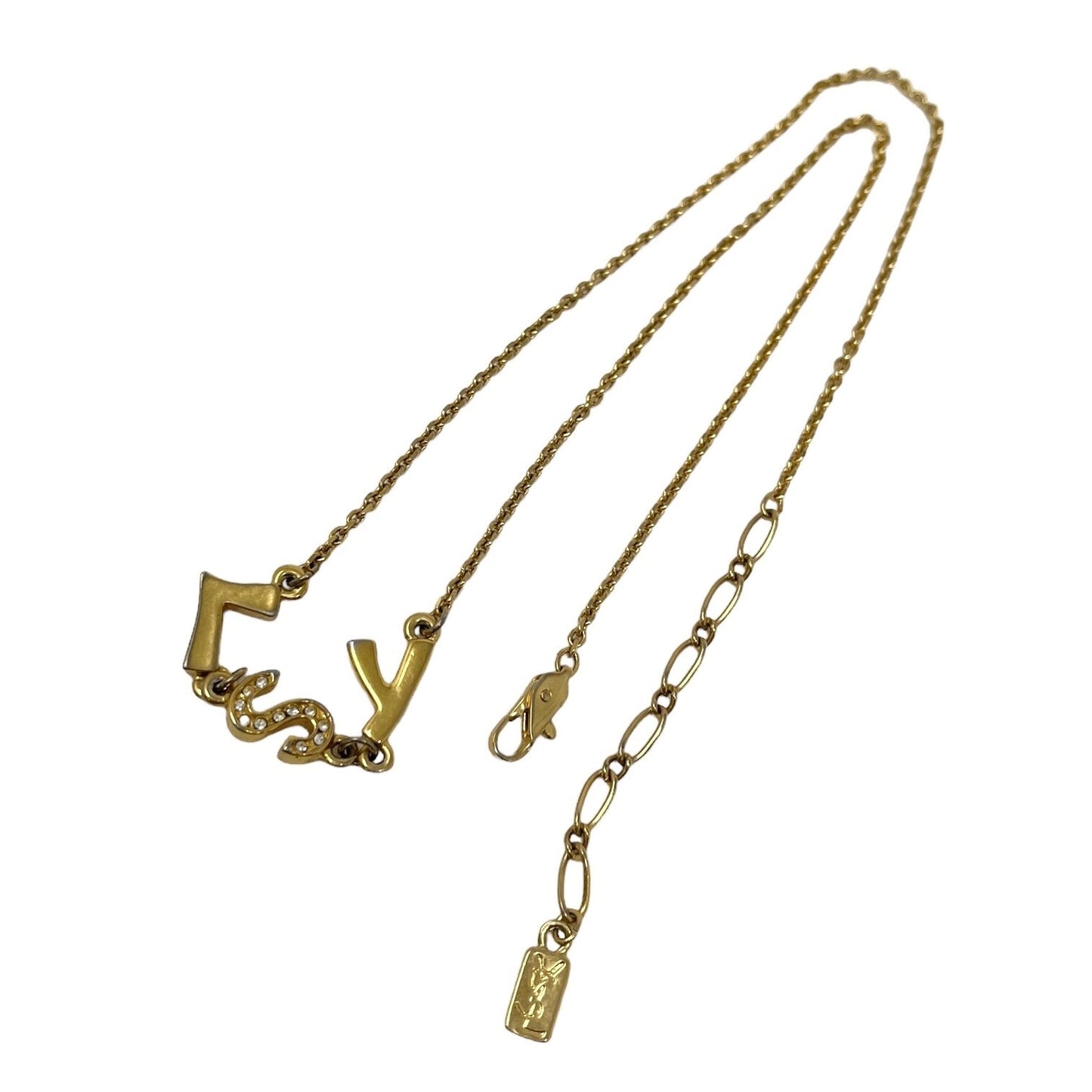 Yves Saint Laurent Vintage Necklace YSL Logo Rhinestone Chain Gold RankAB