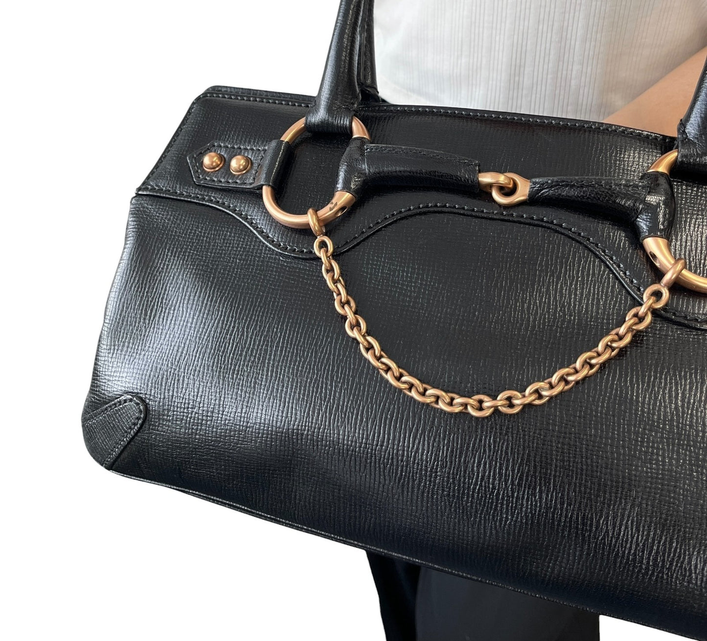 GUCCI Vintage Horsebit Chain Shoulder Tote Bag Black Gold Leather 902057