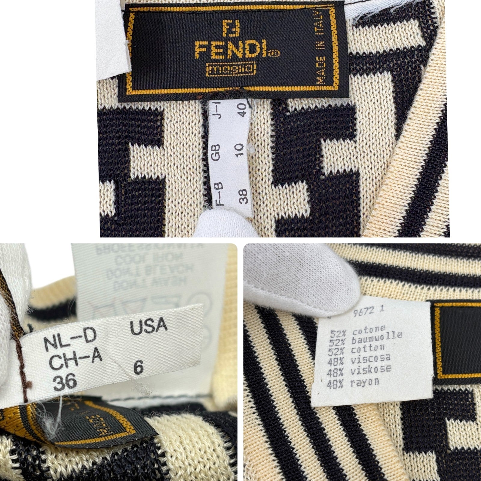 FENDI Vintage Zucca Monogram Knit Vest Cardigan Sweater #38 Cream Black Cotton