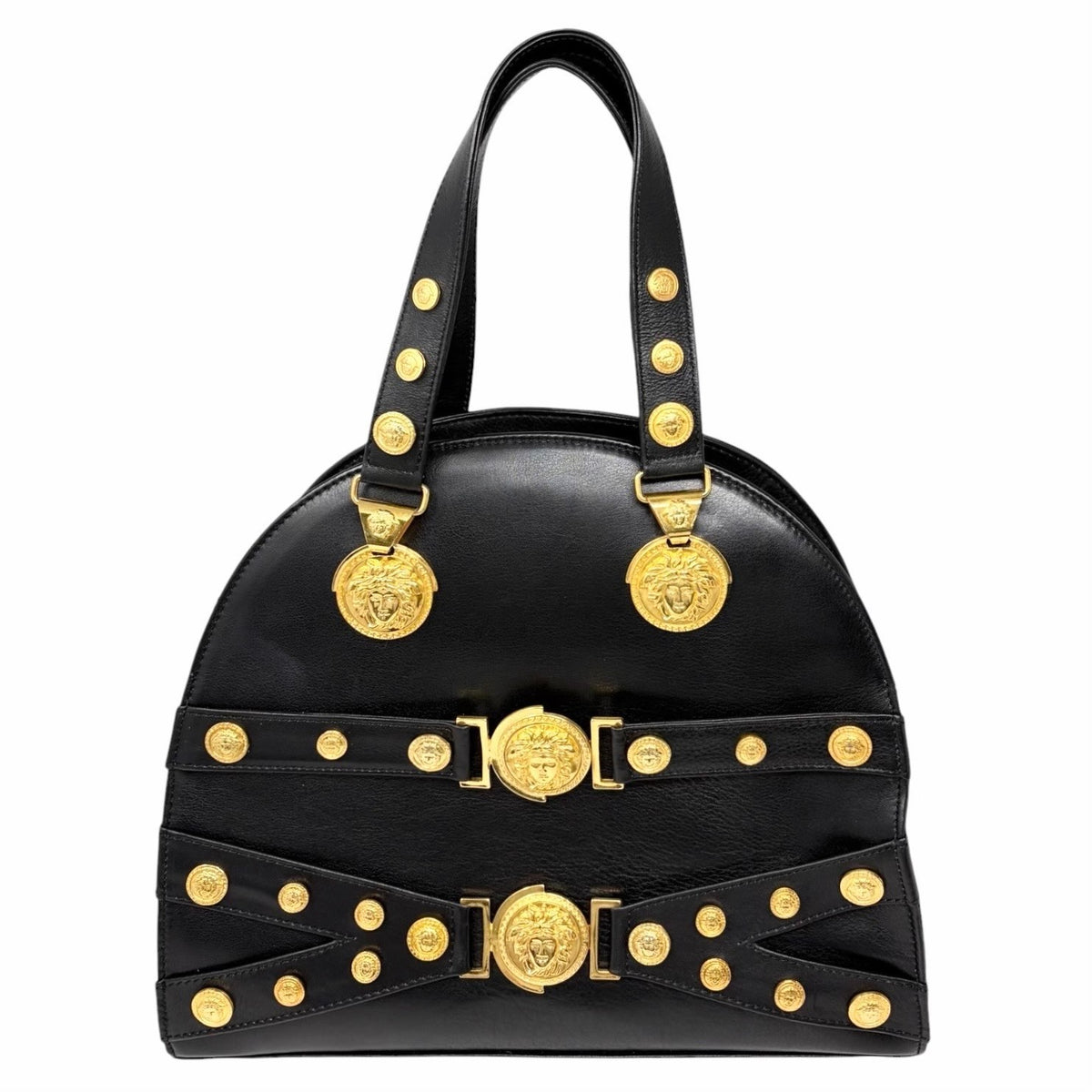 GIANNI VERSACE Vintage Medusa Logo Top Handle Bag Black Gold Leather Zip 902957