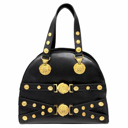 GIANNI VERSACE Vintage Medusa Logo Top Handle Bag Black Gold Leather Zip 902957