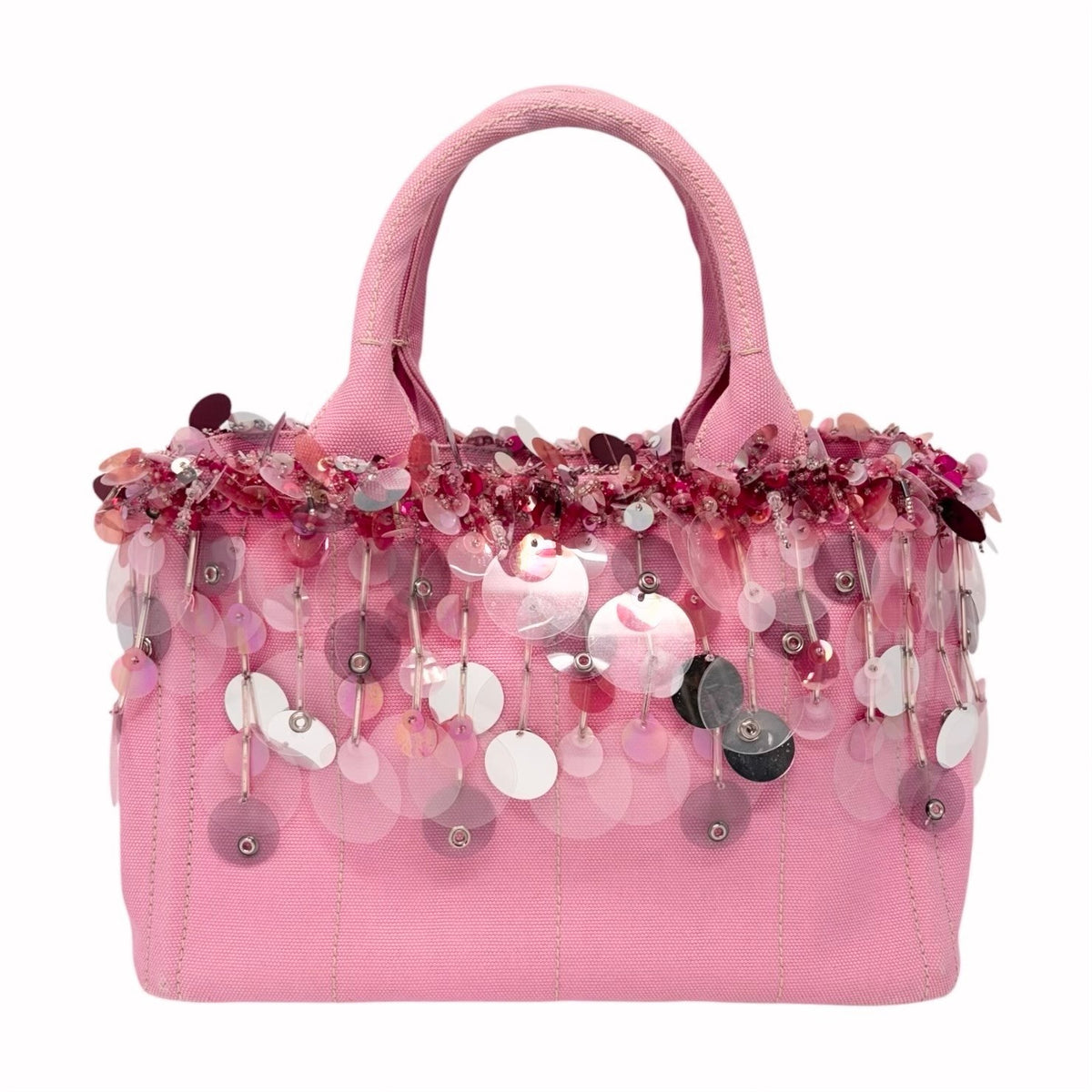 PRADA Vintage Triangle Logo Canapa Sequin Beads Hand bag Pink Canvas 902371