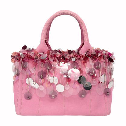 PRADA Vintage Triangle Logo Canapa Sequin Beads Hand bag Pink Canvas 902371
