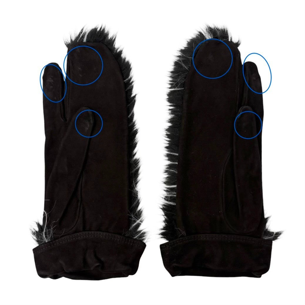 CHANEL Vintage CC Logo Fur Gloves Mittens #7.5 Black White Suede 902358