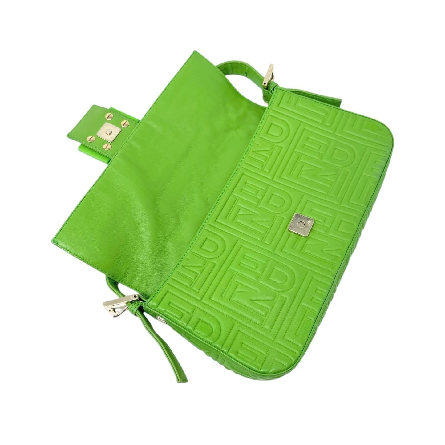 FENDI Vintage FF Logo Embossed Mamma Baguette Shoulder Bag Green Leather Silver