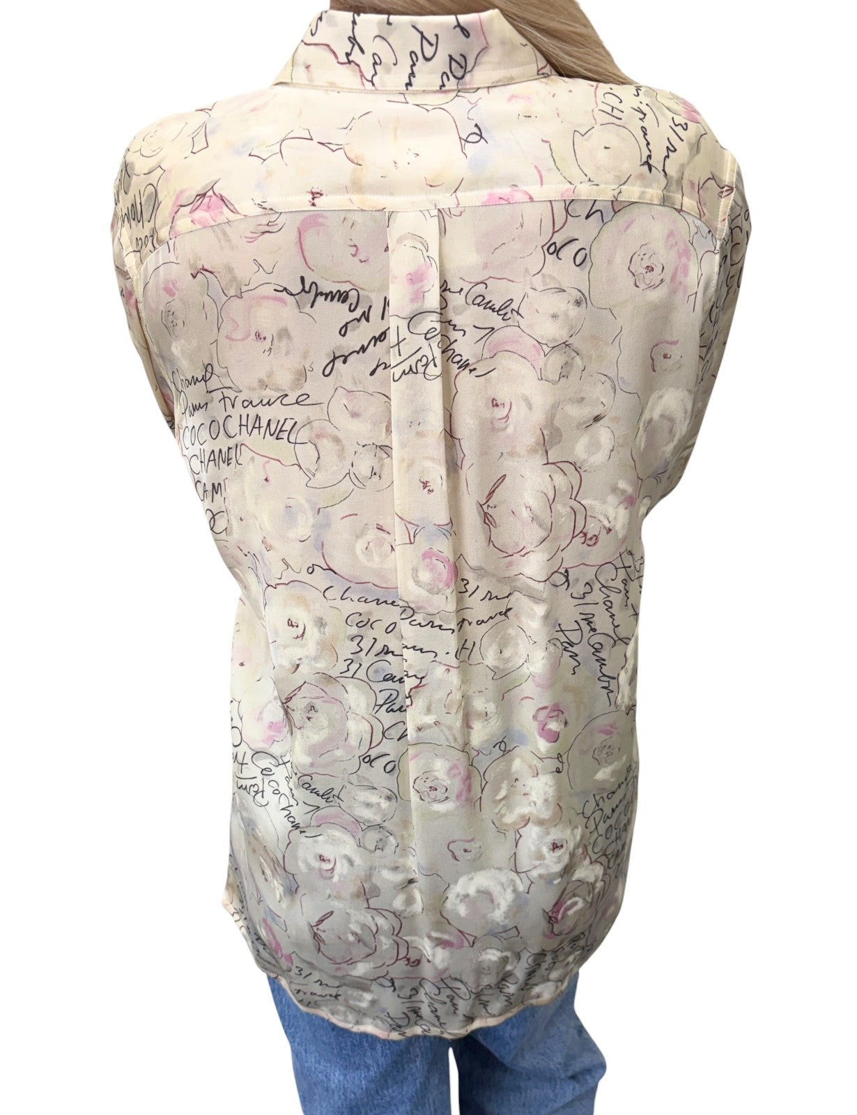 CHANEL Vintage 98C Coco Mark Logo Button Shirt Blouse Ivory Silk 901882