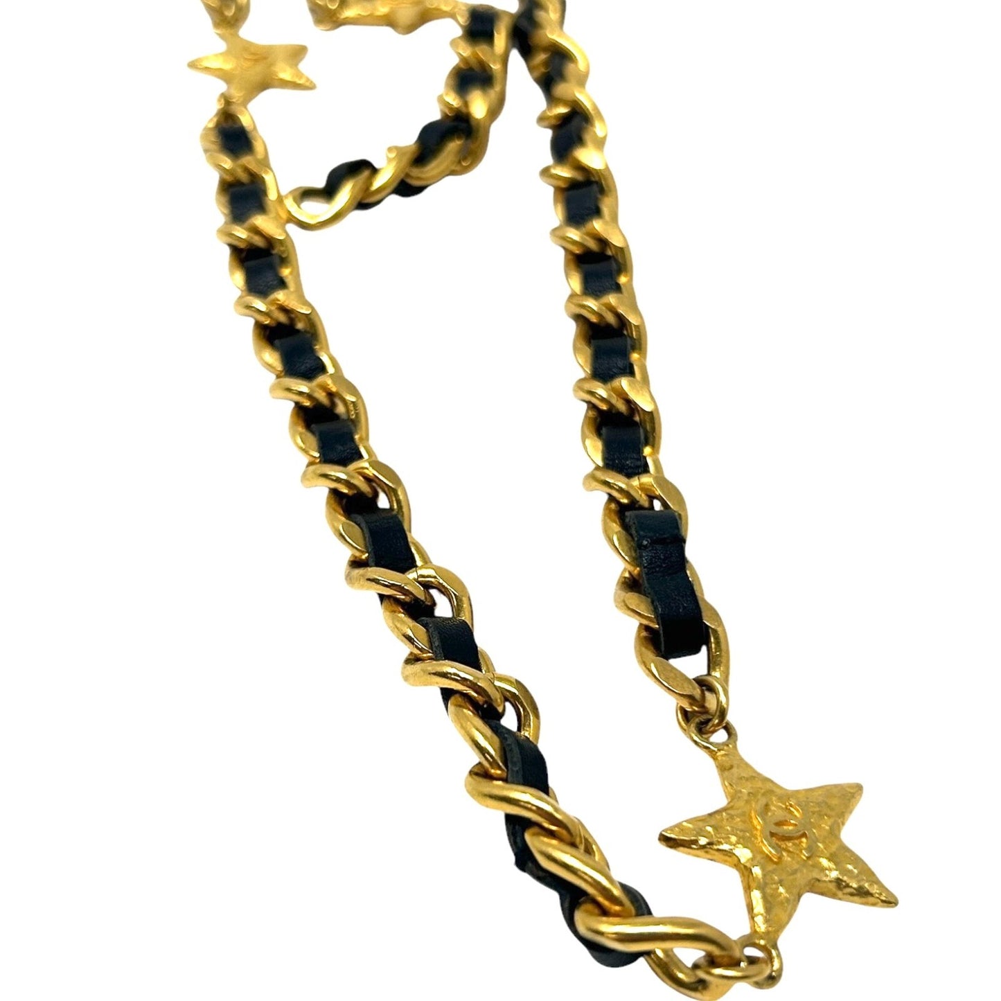 CHANEL Vintage 95A CC Logo Chain Belt Gold Black Leather Metal Star Accessory