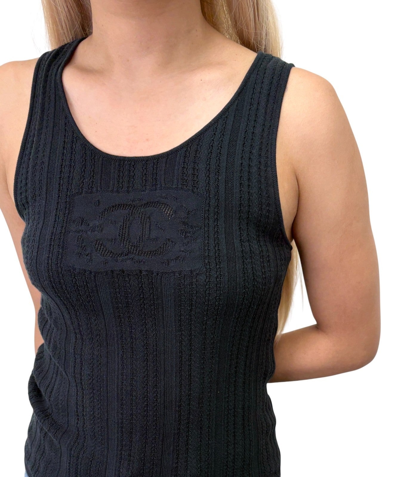 CHANEL Vintage 01P CC Logo Mesh Rib Knit Tank Top #38 Black Cotton 902425