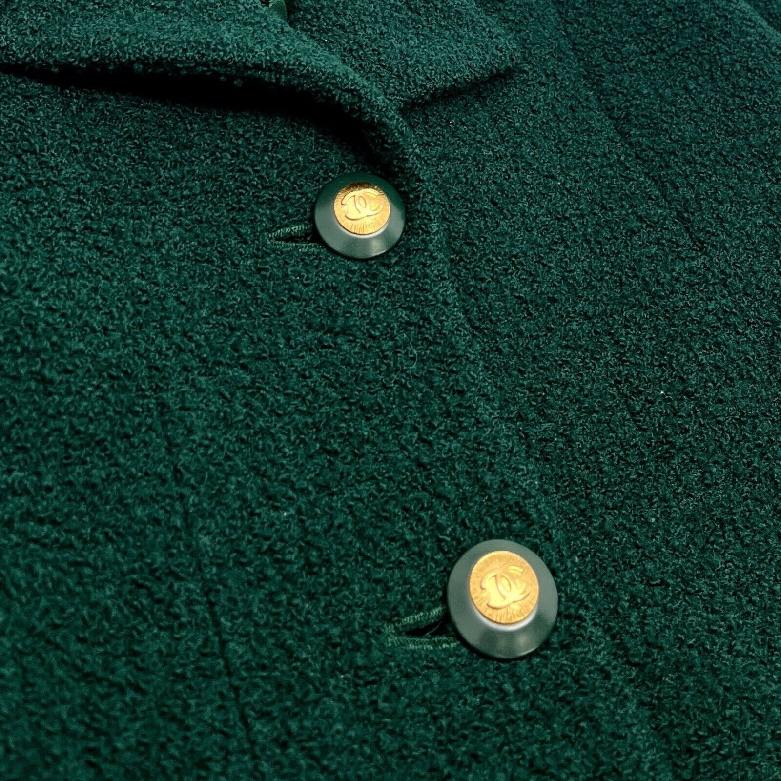 CHANEL Vintage CC Mark Logo Tweed Jacket Button Pocket Green Gold Wool