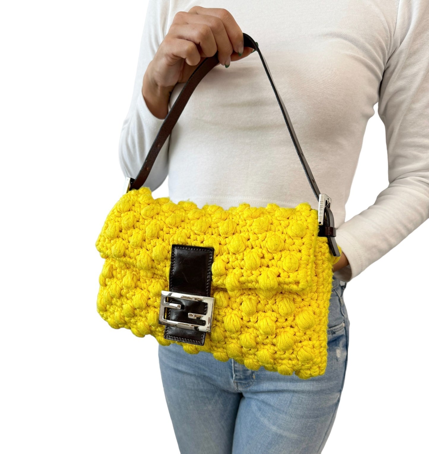 FENDI Vintage Logo Knit Mamma Baguette Shoulder Bag Yellow Brown Wool
