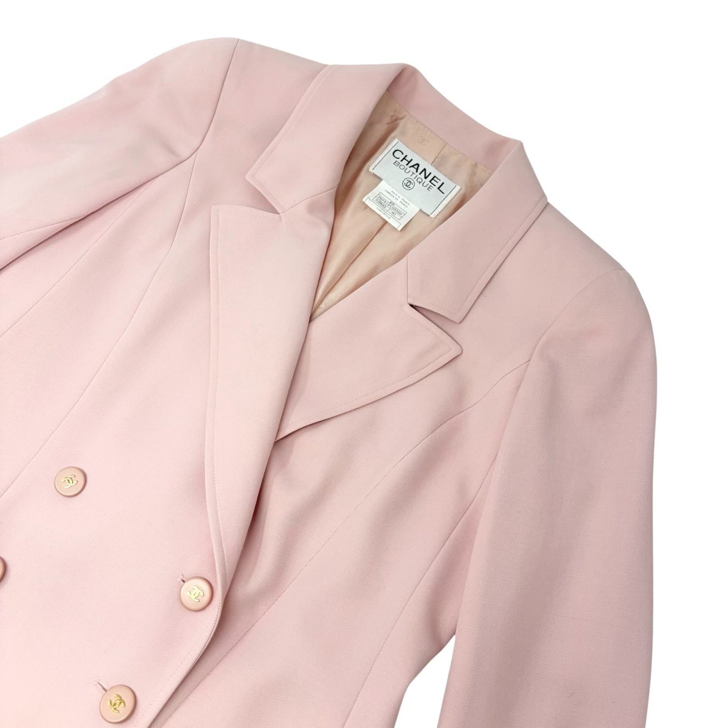 CHANEL Vintage 97P CC Logo Button Blazer Long Coat Jacket #40 Pink Wool