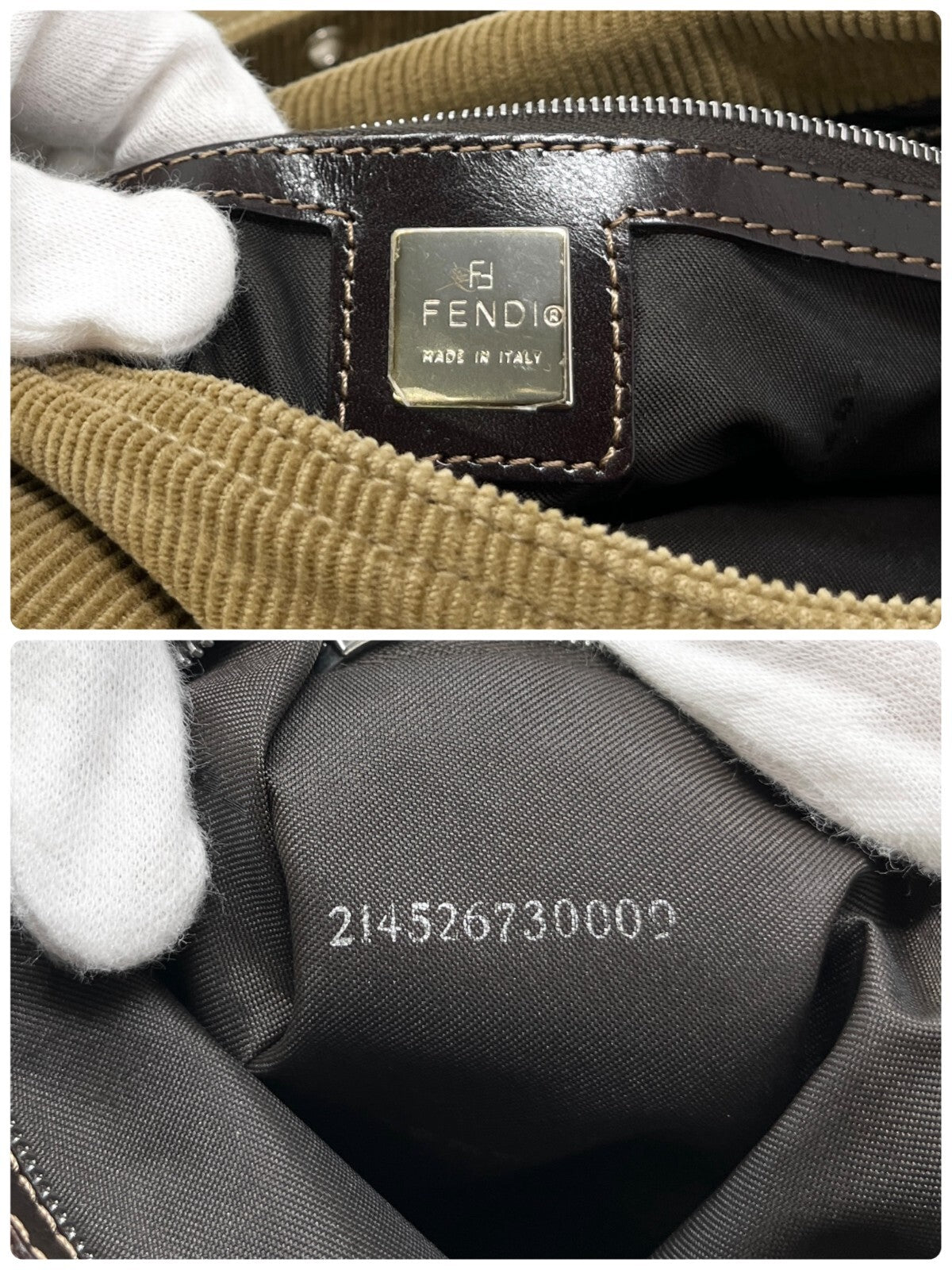 FENDI Vintage FF Logo Mamma Baguette Shoulder Bag Corduroy Brown Silver Cotton