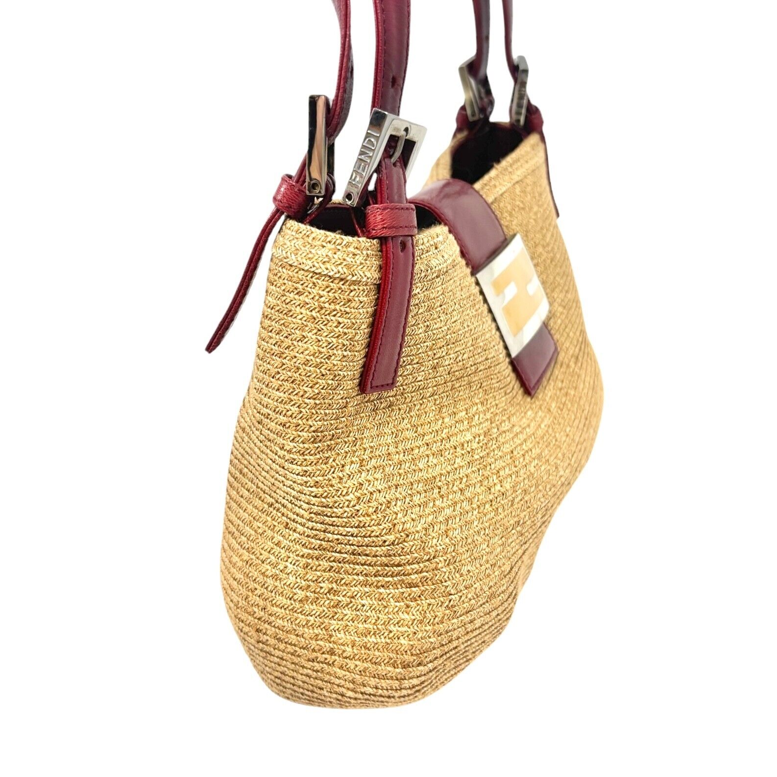 FENDI Vintage Logo Mamma Baguette Shoulder Bag Straw Raffia Red Leather